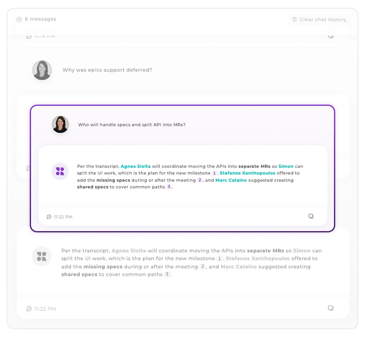 AI meeting assistant asking questions interface showing user typing query about meeting transcript with instant response feature
