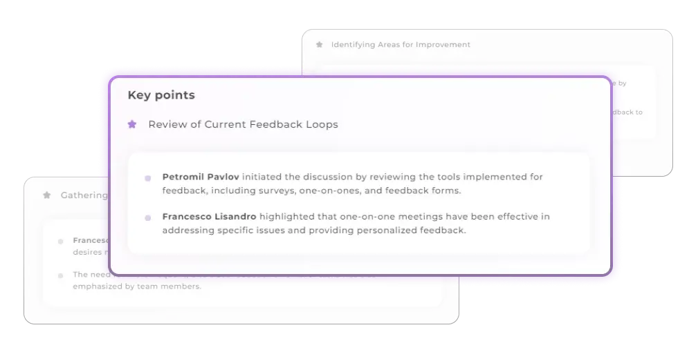 Meeting transcript with highlighted key decisions and action items