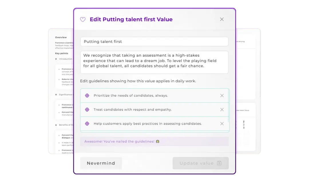 Value definition interface showing seamless integration setup