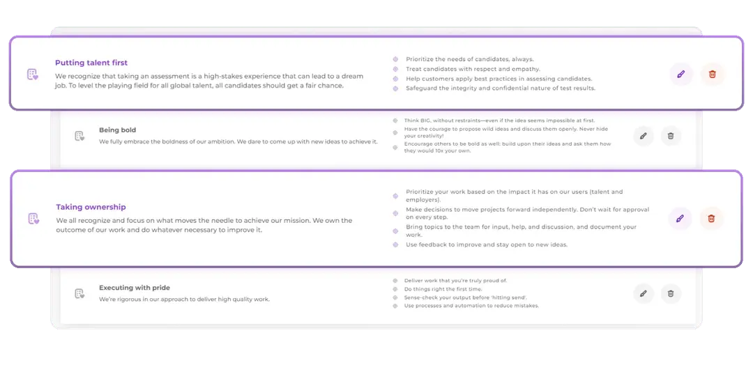 Company values customization interface showing tailored organizational principles