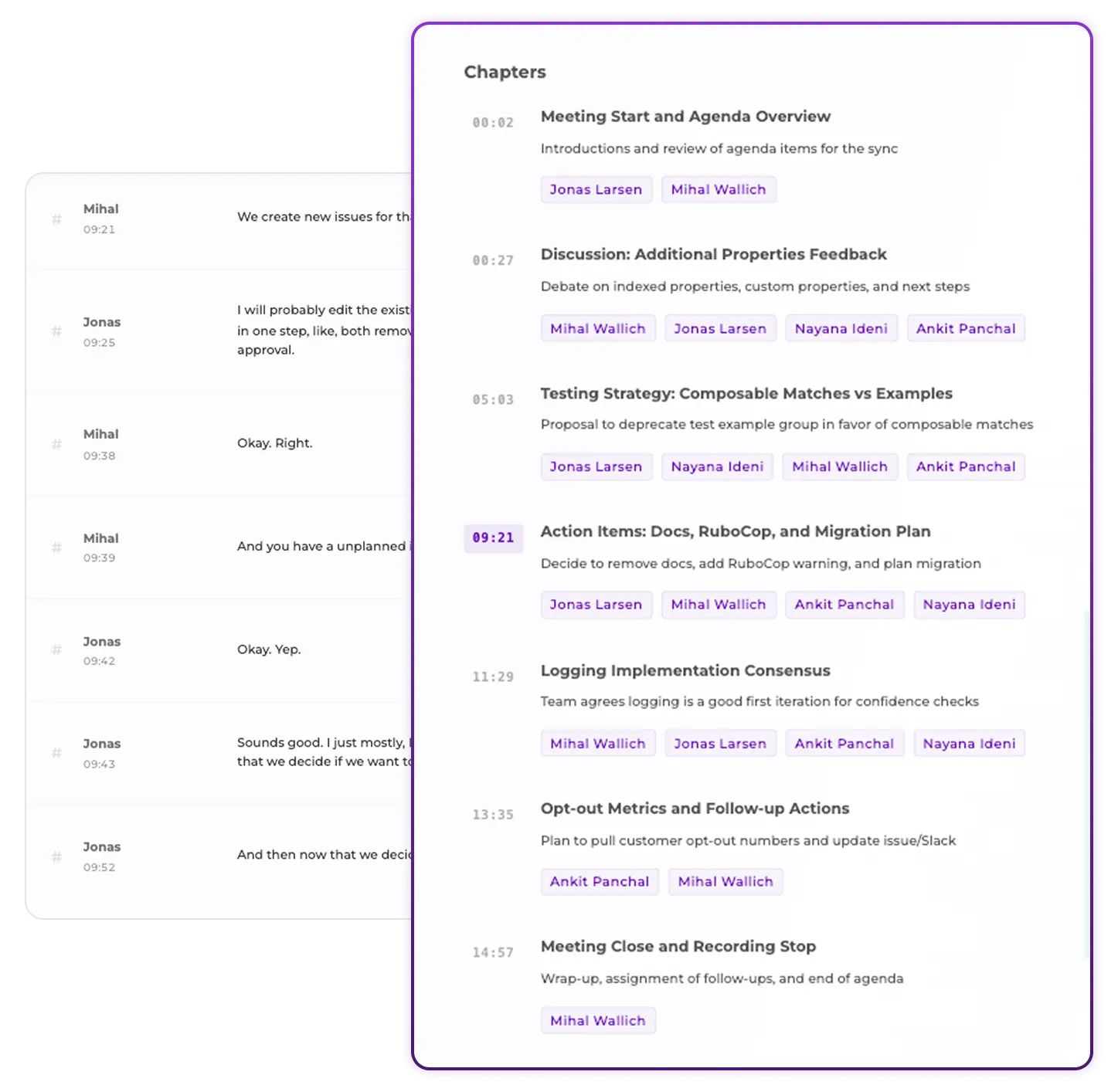 AI-generated meeting chapters showing topic names with times for quick navigation to any discussion in video or transcript