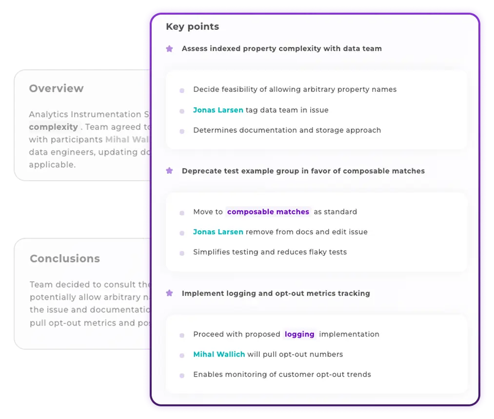 AI meeting summary showing three sections: Overview for context, Key Points with detailed sub-topics, and Conclusions with action items