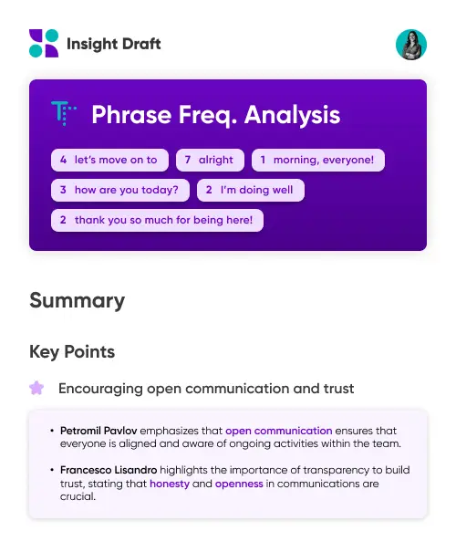 Phrase frequency analysis dashboard showing communication patterns
