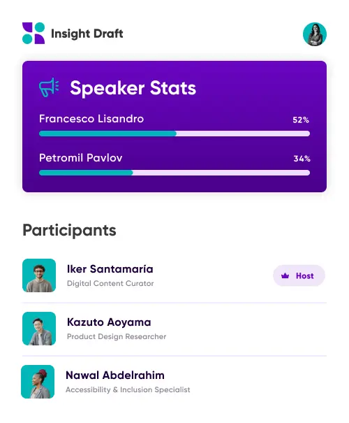 Speaker statistics showing participation levels and engagement metrics