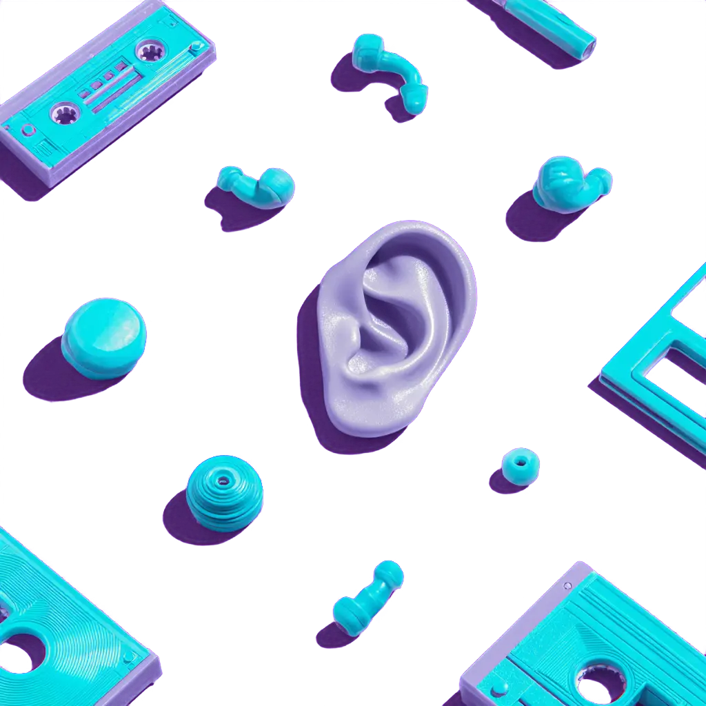 Scientific illustration of hearing loss and audio processing