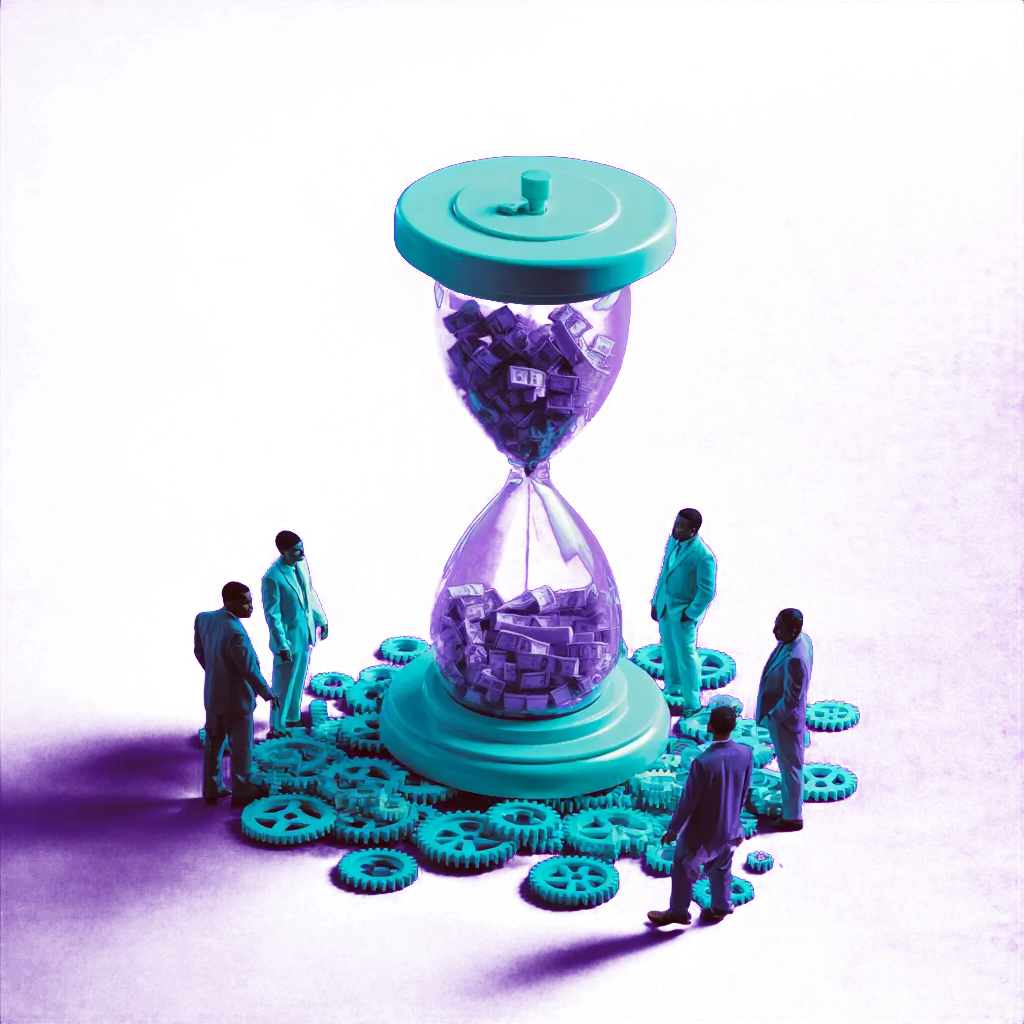 Business people around hourglass with money and clock gears representing hidden meeting costs